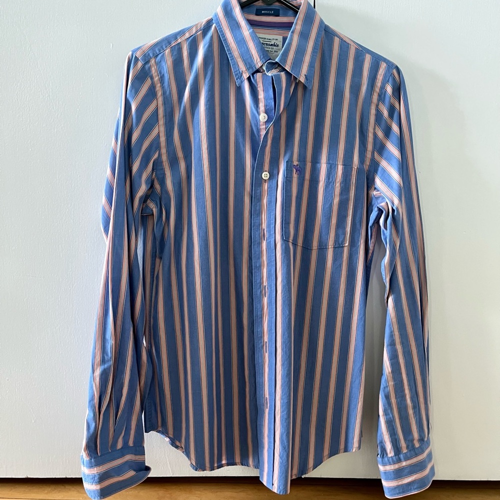 🎉 SALE A&F Muscle Fit Blue Striped Button-down Shirt